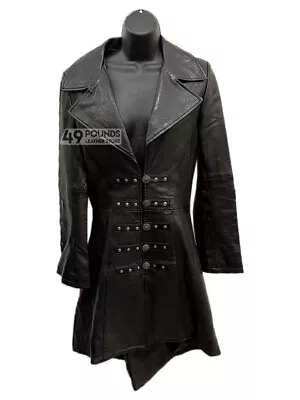 Buy Ladies Black Leather Jacket Long Back Victorian Gothic Studded Coat P-472 • 49£