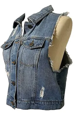 Buy Noisy May Denim Vest L Distressed Cropped Metal Buttons Pockets NWT • 37.94£