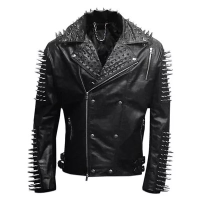 Buy Men's Stylish Casual Black Punk Silver Long Spikes Studded Biker Leather Jacket • 99.99£