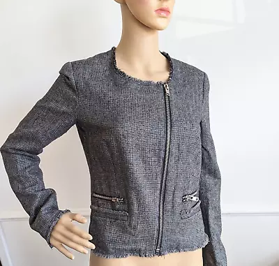 Buy MANGO Biker Jacket Blazer S Wool Blend Silver Tweed Asymmetric Zipped • 16.99£