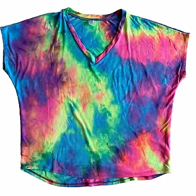 Buy Womens CY Fashion Large Tie-Dye Short Sleeve V-Neck Top Round Hem Made In USA R1 • 18.34£