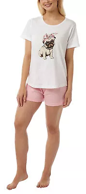 Buy Nikaro Ladies Cute Pug Short Cotton Pyjamas With Pug Eye Mask • 11.95£