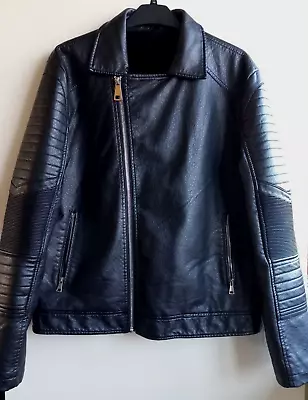 Buy New Mens Warm Bomber Jacket Faux Leather Fur Lining Removable Collar Size Xl • 46.99£