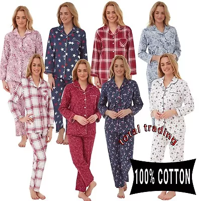Buy Ladies  Pyjamas 100% Cotton Womens Brushed  Nightwear PJs Set • 11.99£