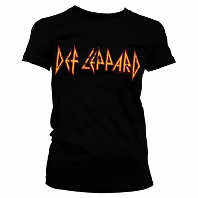Buy Ladies Def Leppard Distressed Logo Black Fitted T-Shirt - Womens Rock Music • 12.95£