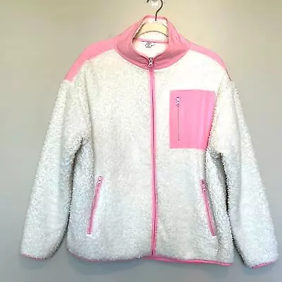 Buy Crown & Ivy Womens Sherpa Jacket Size Medium White & Pink Full Zip Chest Pocket • 18.90£