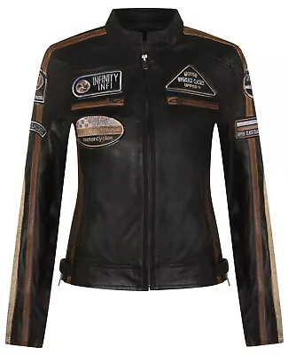 Buy Womens Black Leather Biker Jacket Retro Casual Zipped Racing Moto Badges • 109.99£