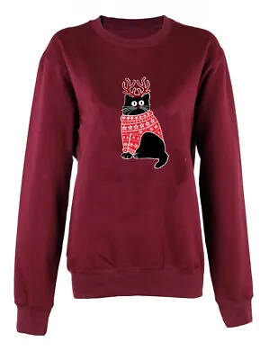 Buy Christmas Cat Print Sweatshirt Long Sleeve Pullover Merry Christmas Jumper • 17.99£