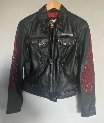 Buy Women Harley Davidson Black Santa Cruz Leather Jacket Red Embellishment XS DS36 • 82.04£