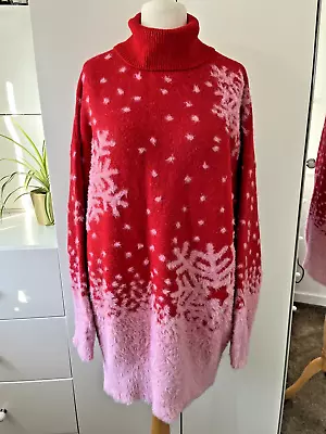 Buy Boohoo Size XL Snowflake Christmas Jumper Dress High Roll Neck Red Pink • 7.99£