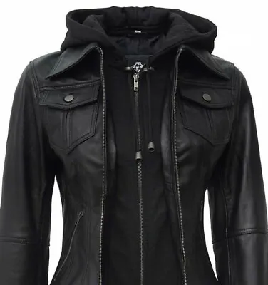 Buy Womens Black Motorcycle GENUINE BLACK Hooded Real Leather Jacket • 73.34£