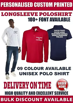 Buy Personalised Custom Printed Long Sleeve Polo Shirt Text Logo Unisex Workwear  • 11.99£