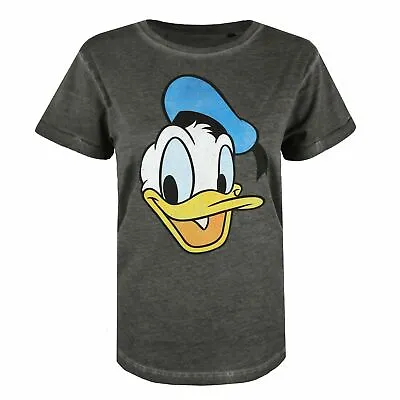 Buy Official Disney Ladies Donald Duck Face T-Shirt Vintage Wash Charcoal S-XL • 13.99£