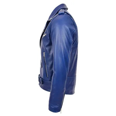 Buy Mens Leather Casual Biker Jacket Soft Motorcycle Genuine Blue Biker Style Fit • 98.77£