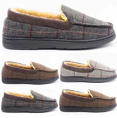Buy Mens Check Warm Moccasins Faux Suede Sheepskin Fur Lined Winter Slippers Shoes • 9.95£