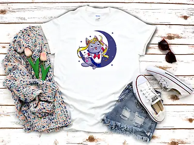 Buy Meow Cat Sailor Moon T Shirts White Women's 3/4 Short Sleeve T-Shirt K719 • 9.92£