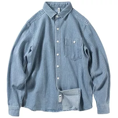 Buy Men's Denim Shirt Jacket  Long Sleeved Retro Casual Vertical Stripe Shirt • 30.94£