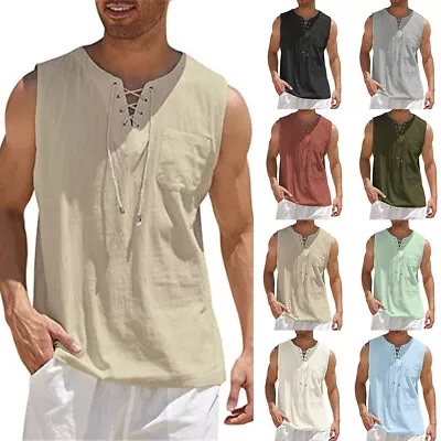 Buy Cotton Linen Mens Tank Top Vest Summer Muscle Training Gym Plain Tee Shirt M-3XL • 2.99£