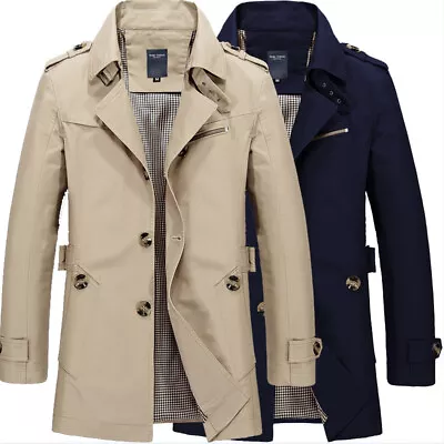 Buy Mens Long Jacket Coat Tops Overcoat Trench Spring Autumn Warm Formal Outwear UK • 18.57£