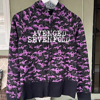 Buy 2008 Avenged Sevenfold Skull Bats All Over Print Hoodie Zip Up Womens M Y2K Vtg • 56.83£