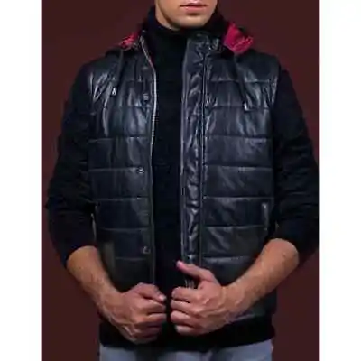Buy Mens Black Genuine Soft Leather Jacket Vest Hoodie Casual Design Fashion Style • 39.99£