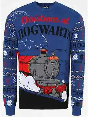 Buy Mens Harry Potter Hogwarts Express Train Blue Christmas Jumper Size S-2XL • 24.95£