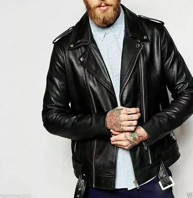 Buy Men's Leather Jacket Motorcycle Black Slim Fit Biker Genuine Lambskin Jacket • 36£