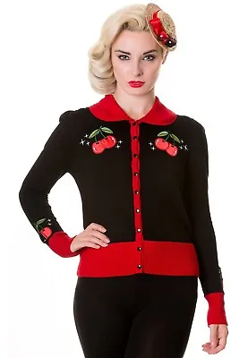 Buy BANNED Apparel Rockabilly Punk Gothic Pin Up Red Black Vintage Cherry Cardigan • 39.99£