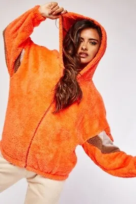 Buy Teddy Fleece Faux Fur Hoody  Zip Up Bomber Jacket Size Small Bright Orange • 12£