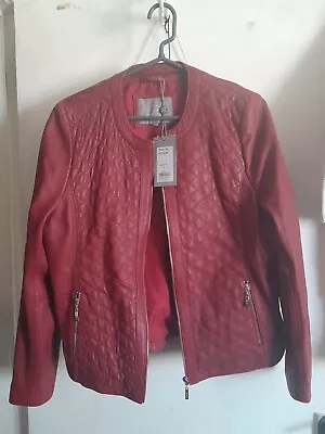 Buy Womens Collarless Soft Red Leather Jacket Biker Style Fitted Quilted Zip Up NEW • 175£