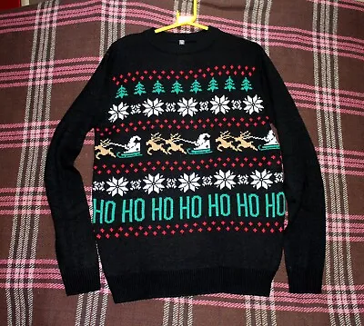 Buy Christmas Ugly Fair Isle Jumper HO HO HO Santa Black Medium DAD Pullover • 12.10£