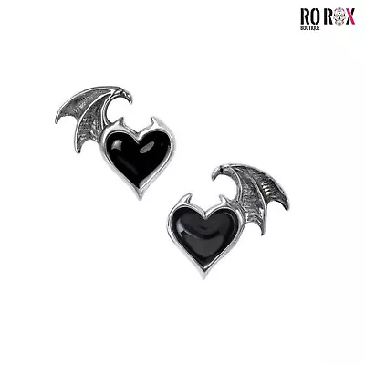 Buy Black Soul Earrings Alchemy England Goth Studs Heart Wing Alternative Jewellery • 16£