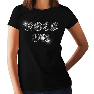 Buy ROCK ON Womens Rhinestone T Shirt Rock And Roll Music Crystal Design Any Size • 11.99£
