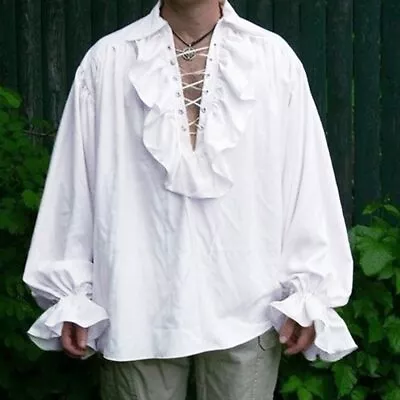 Buy Men Renaissance Clothing, Ruffled Long Sleeved Lace Up Medieval Steampunk Shirt • 65.66£