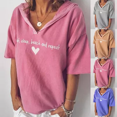 Buy Womens Printed Hooded T-Shirts Tops Ladies Summer Casual Solid Loose Blouse Tees • 13.49£