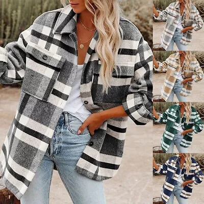 Buy Female Women Coats Warm Leisure Fleece Lined Plaid Shacket Autumn Baggy • 21.61£