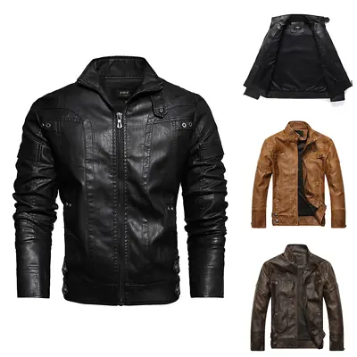 Buy Men Leather Motorcycle Jacket Zip-Up Stand Collar Plus Size Biker Coat Tops • 59.65£