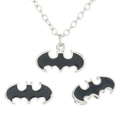 Buy DC Comics Batman Black Enamel Fill  Licensed Necklace Earrings Jewelry Set • 15.42£