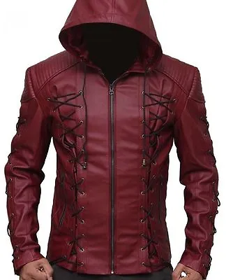 Buy Arrow Arsenal Red Colton Haynes Hooded Leather Jacket • 91.99£