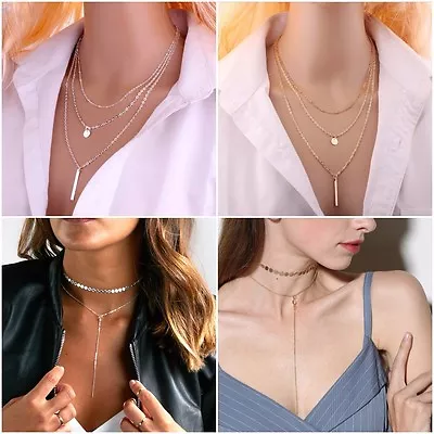 Buy Silver And Gold Womens Pendant Chain Choker 3 Layer Long Necklace Body Jewellery • 2.99£