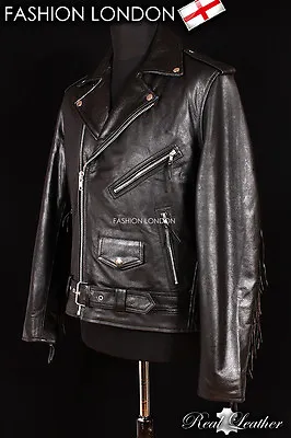 Buy BRANDO FRINGED Cowhide Leather Jacket Black Men's Motorcycle Motorbike Jacket • 79.20£