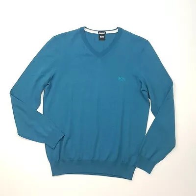 Buy HUGO BOSS Italian Yarn Jumper MEDIUM Men Turquoise Wool Sweater V Neck NEW • 40£