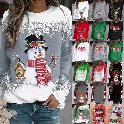 Buy Christmas Womens Jumper Loose Blouse Ladies Sweatshirt Long Sleeve Tops Size 12 • 3.69£