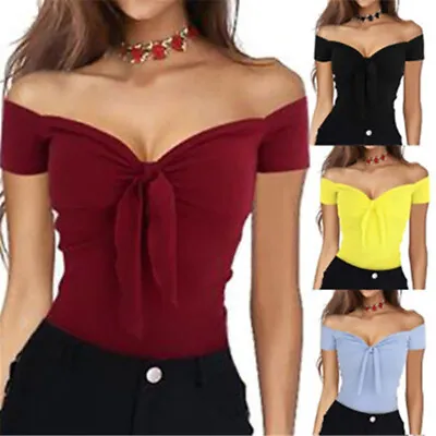 Buy Women Bardot Off Shoulder Sexy Low Cut Tops Holiday Shirts Blouse Solid Tee SIZE • 9.60£
