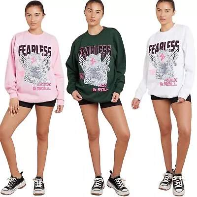 Buy Ladies Women Tiger Print FEARLESS Slogan T-Shirt Rock & Roll Oversized Baggy Fit • 15.99£
