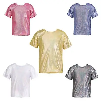 Buy Kids Girls Boys Metallic Shiny T-shirt Sparkly Jazz Dance Tops Gymnastic Shirt • 10.09£