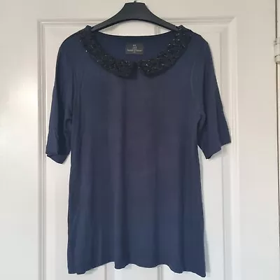 Buy Next Navy Blue Contrast Sparkly Black Embellish Collar Mid Sleeve Tunic T-shirt • 18.50£