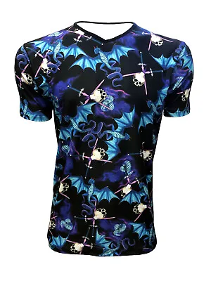 Buy Men's Electric Blue Fire Breathing Dragons Sword Skull Alternative T-Shirt Top • 21.99£