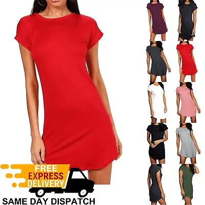 Buy Ladies Womens Turn Up Sleeve Longline Oversized Curved Hem Tunic T-Shirt Dress • 6.99£
