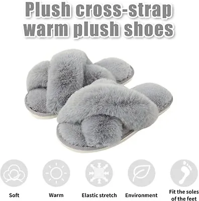 Buy Womens Slippers Ladies Fluffy Furry Cross Over Open Toe Winter Warm Mules Slider • 5.49£